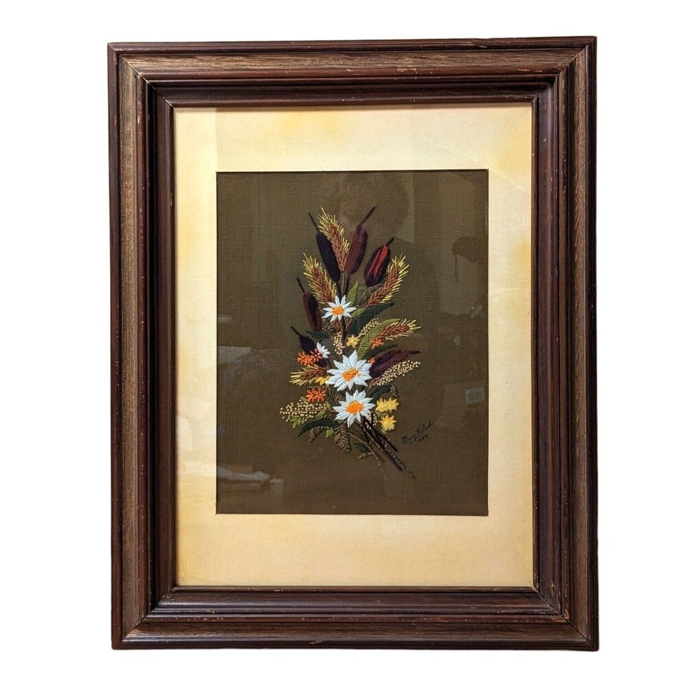 VTG Handmade Crewel Framed Matted 24"X30" Flowers Wheat Cattails EUC